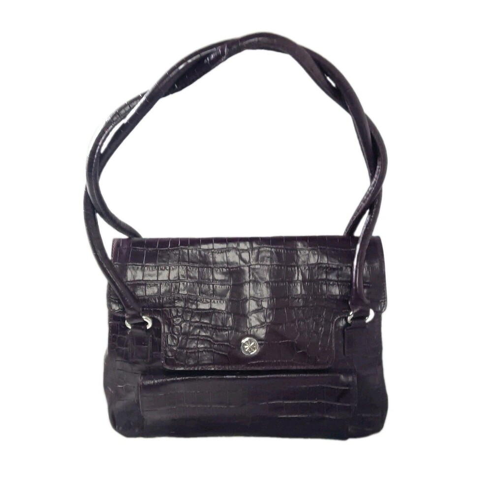 Isaac Mizrahi Live Leather Shoulder Bag Croco Embossed Dark Purple Vintage